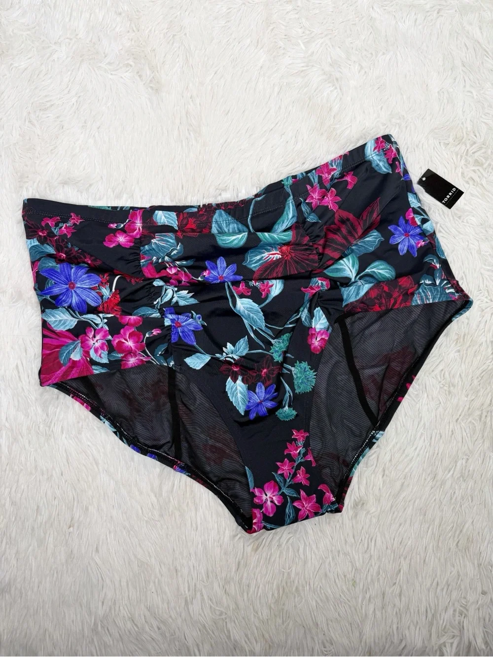 TORRID / black pink blue floral high rise ruched swim bottoms / 2X NWT